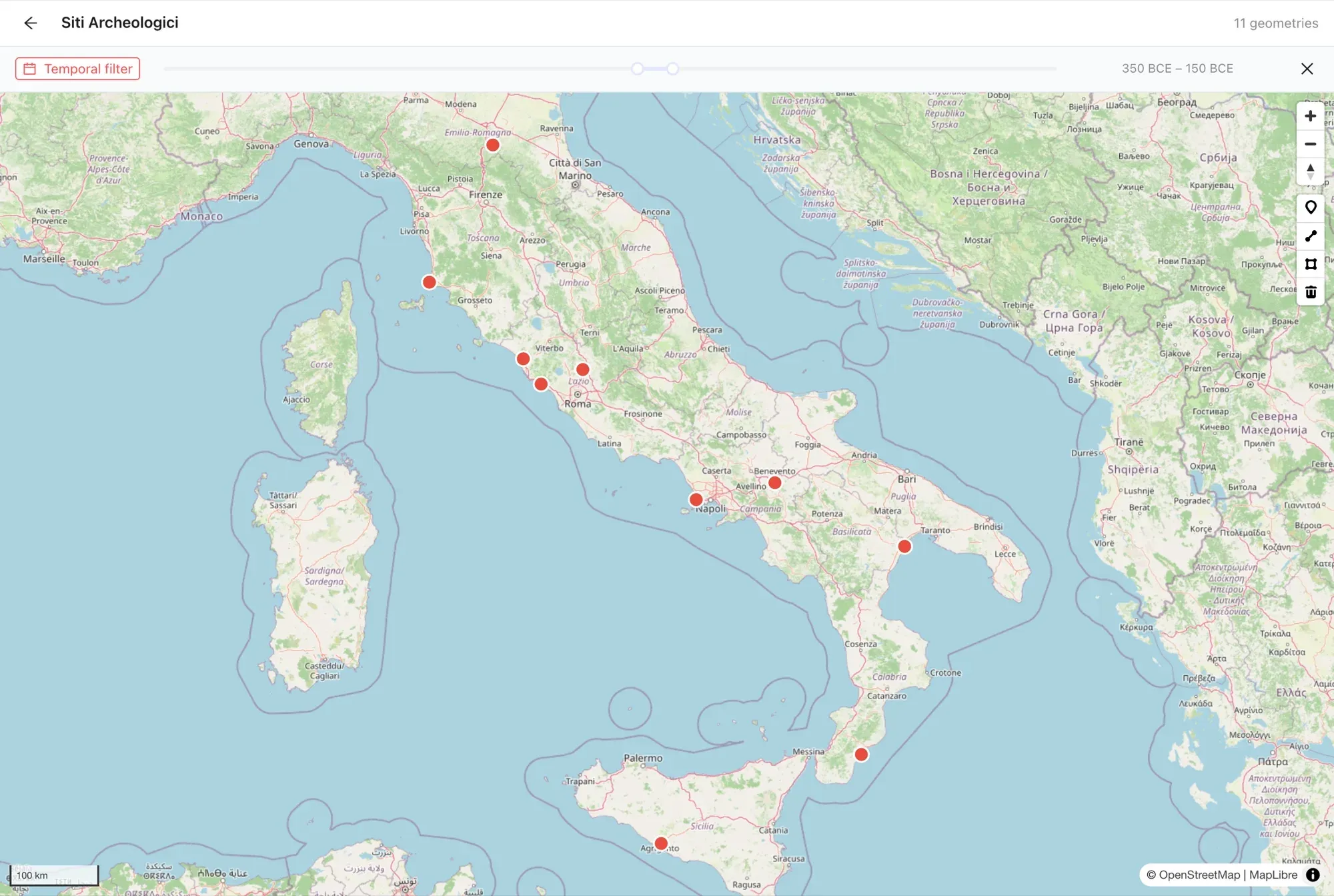 La mappa di GeoFace con la barra «Temporal filter» impostata su 350–150 a.C.; sulla carta restano i marker dei siti compatibili con quella finestra.