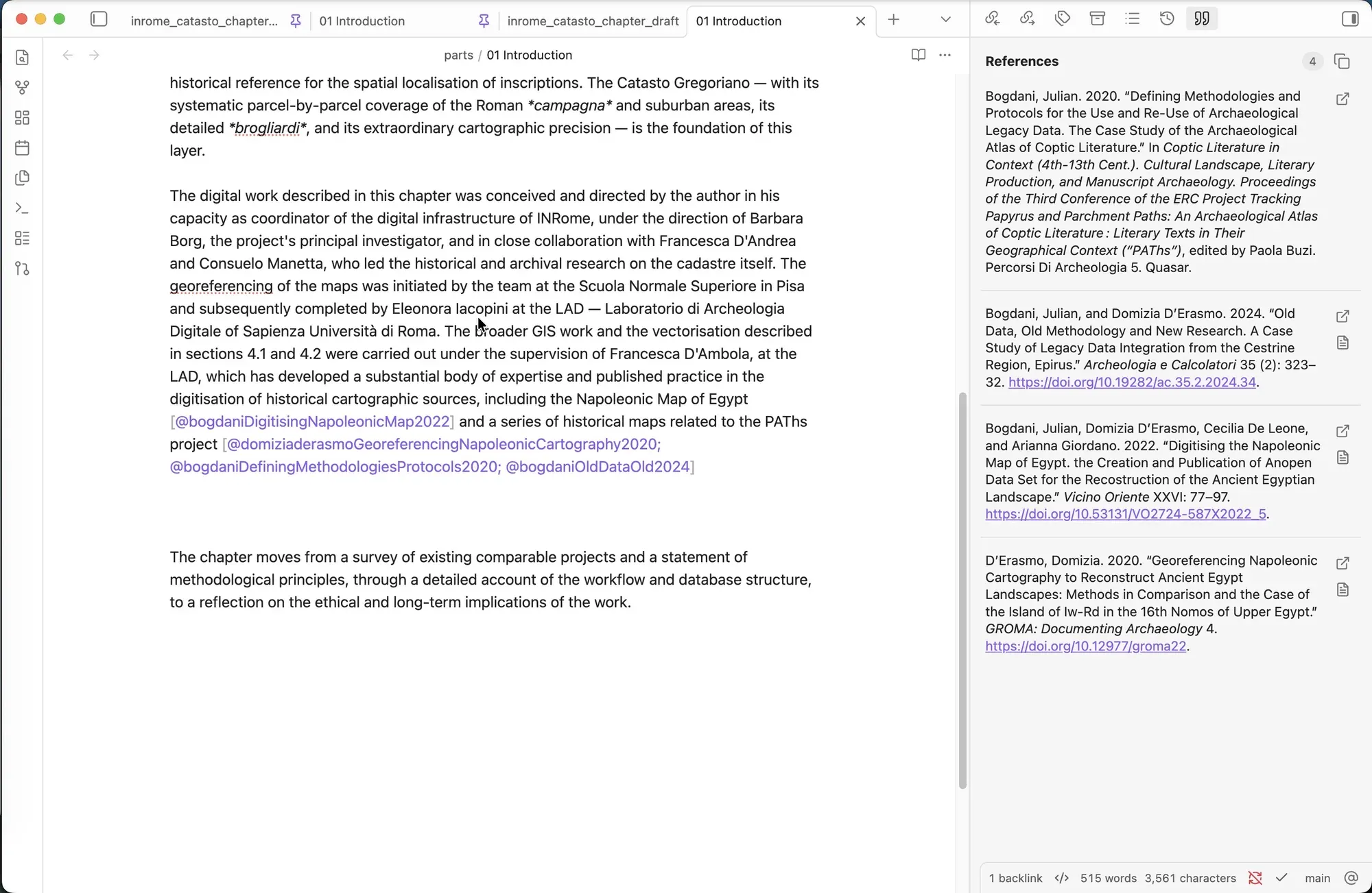 Pandoc Reference List in azione: citazioni visualizzate inline e lista bibliografica nel pannello laterale.