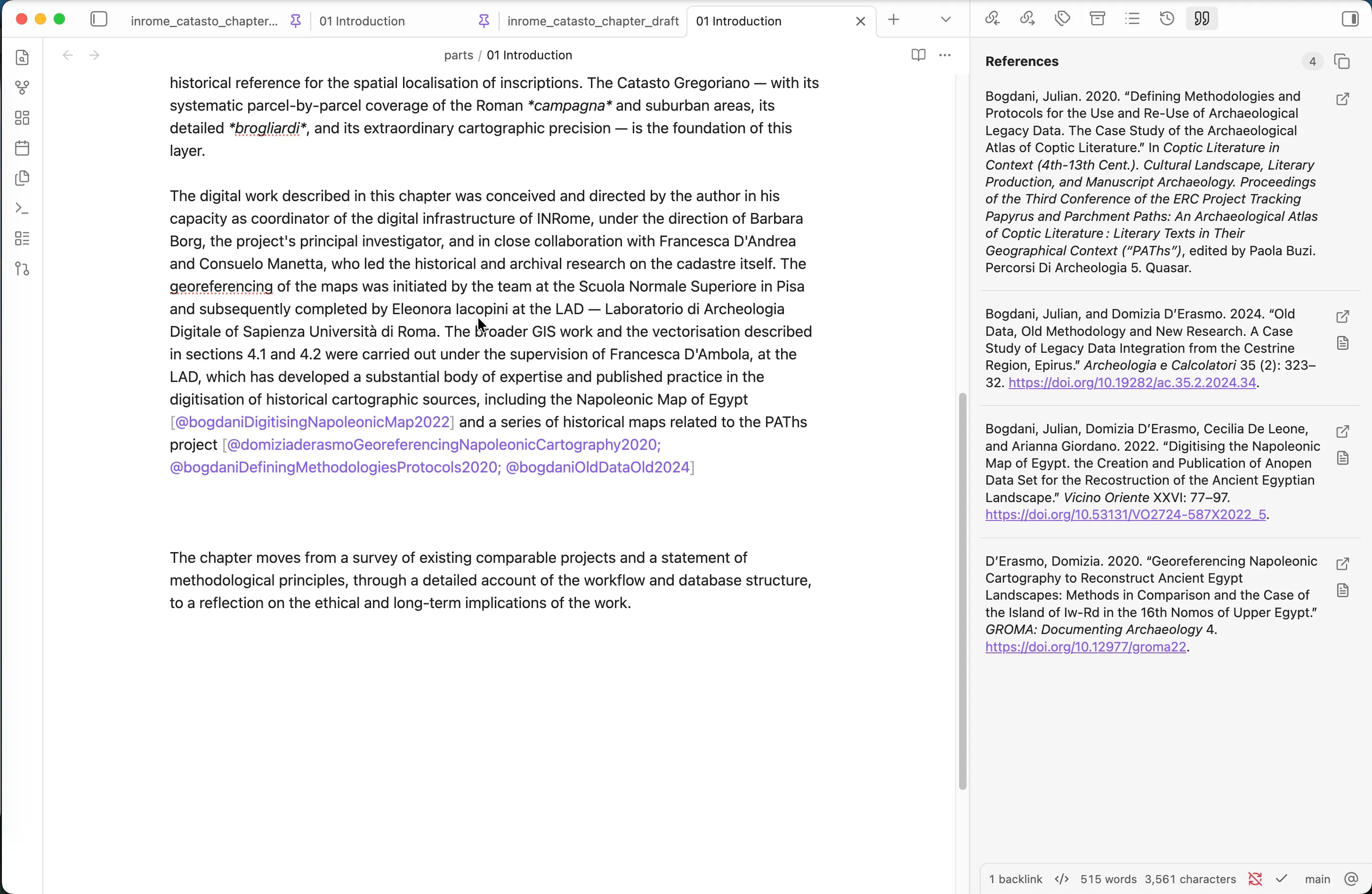 Pandoc Reference List in azione: citazioni visualizzate inline e lista bibliografica nel pannello laterale.
