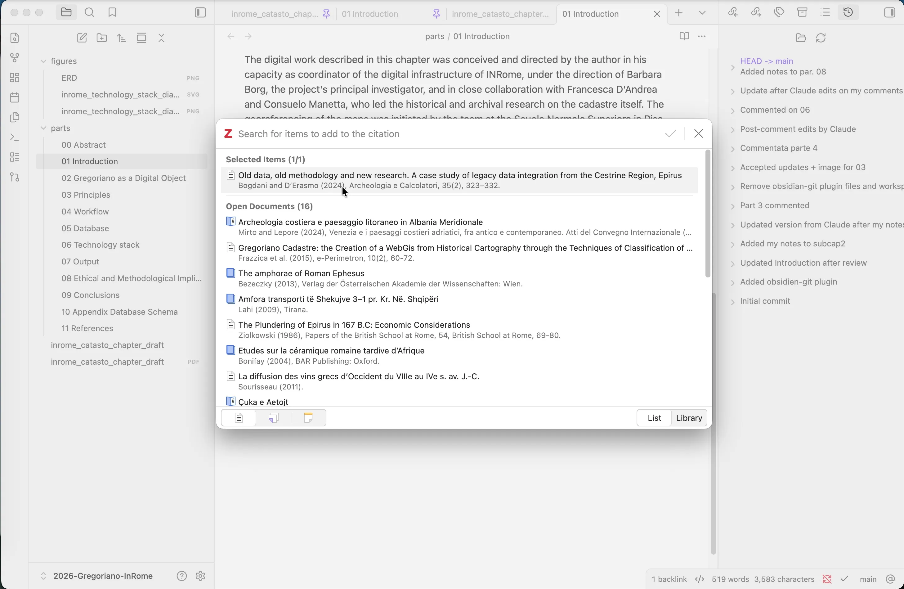 Il picker di Zotero aperto da Obsidian tramite Zotero Integration.