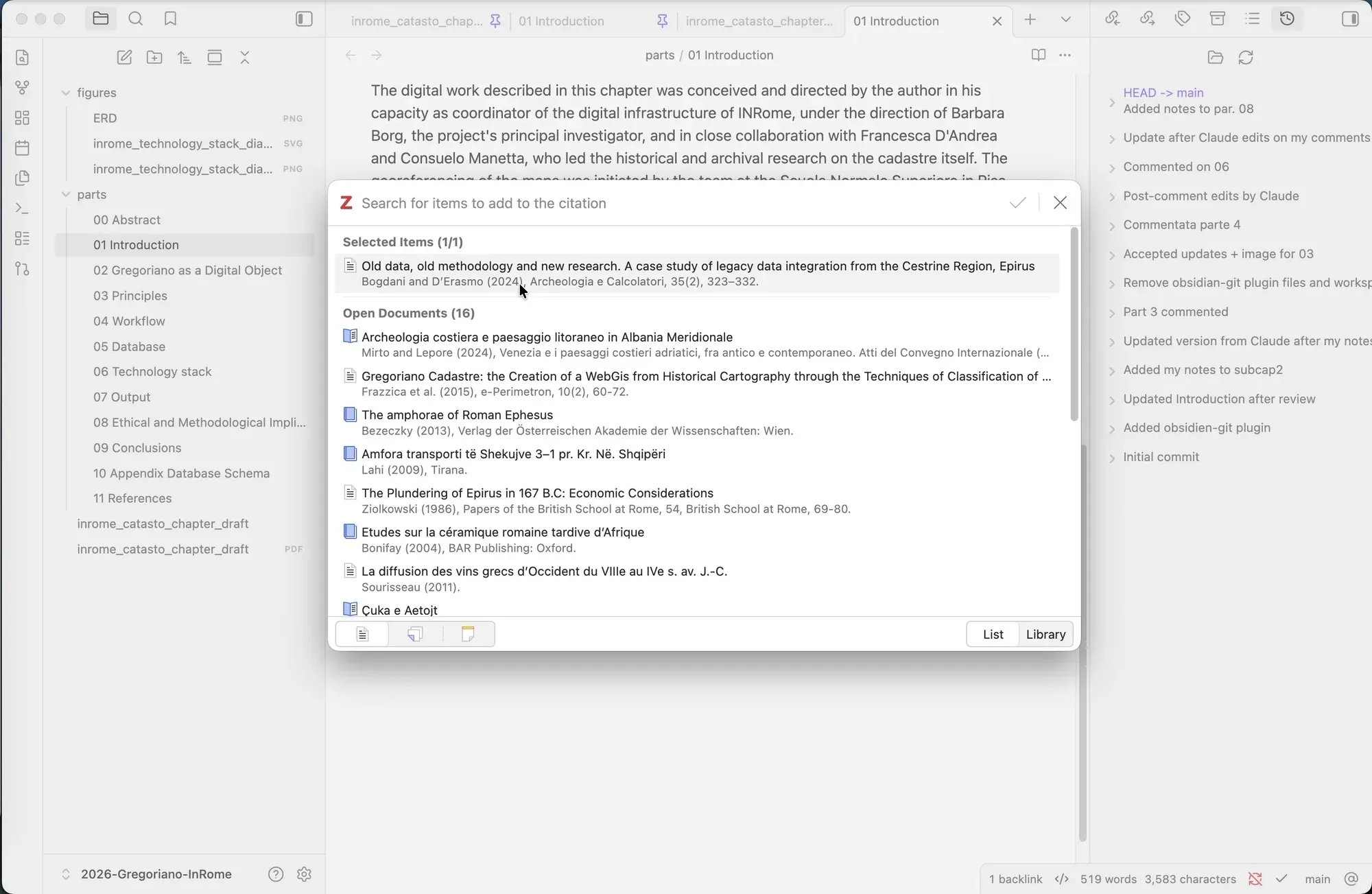 Il picker di Zotero aperto da Obsidian tramite Zotero Integration.