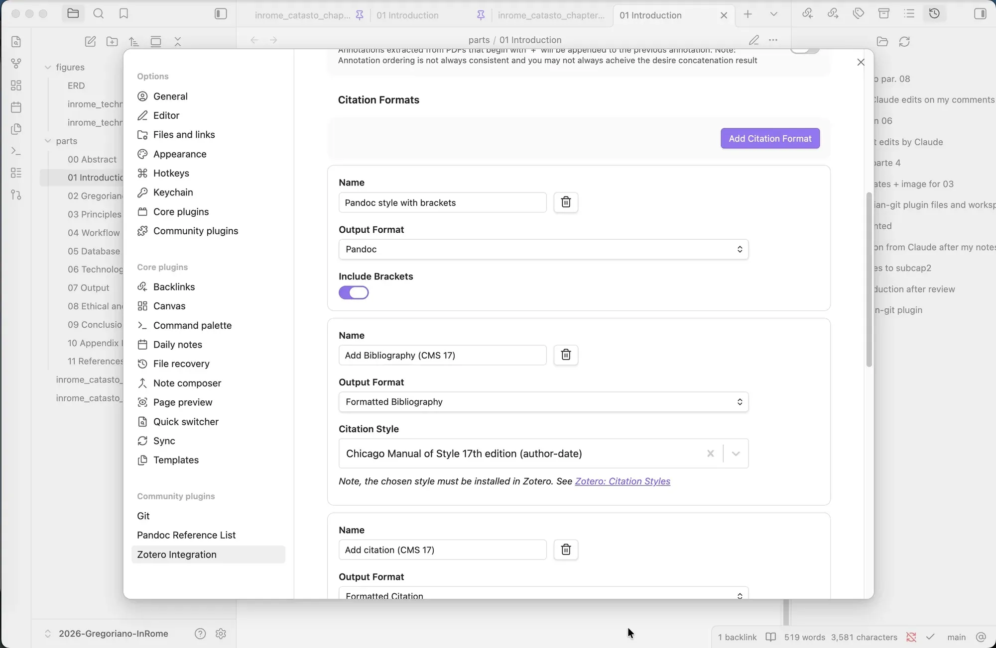 Configurazione del Citation Format in Zotero Integration.