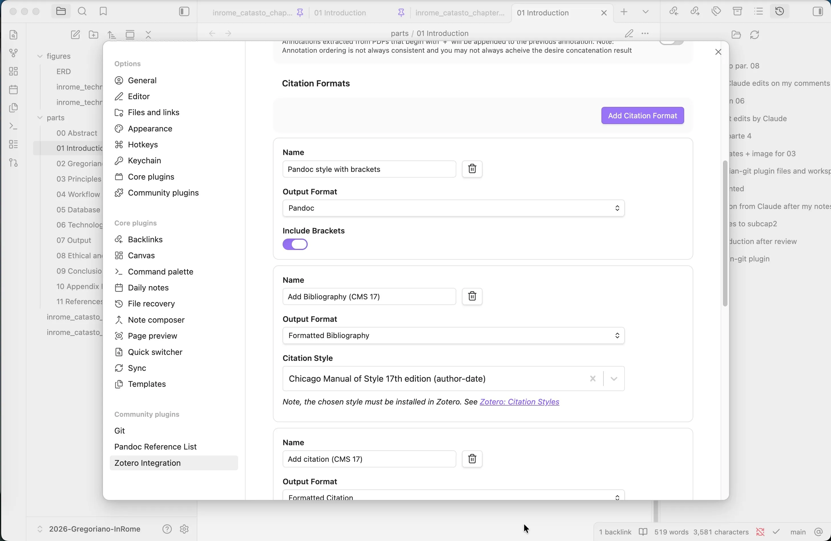 Configurazione del Citation Format in Zotero Integration.