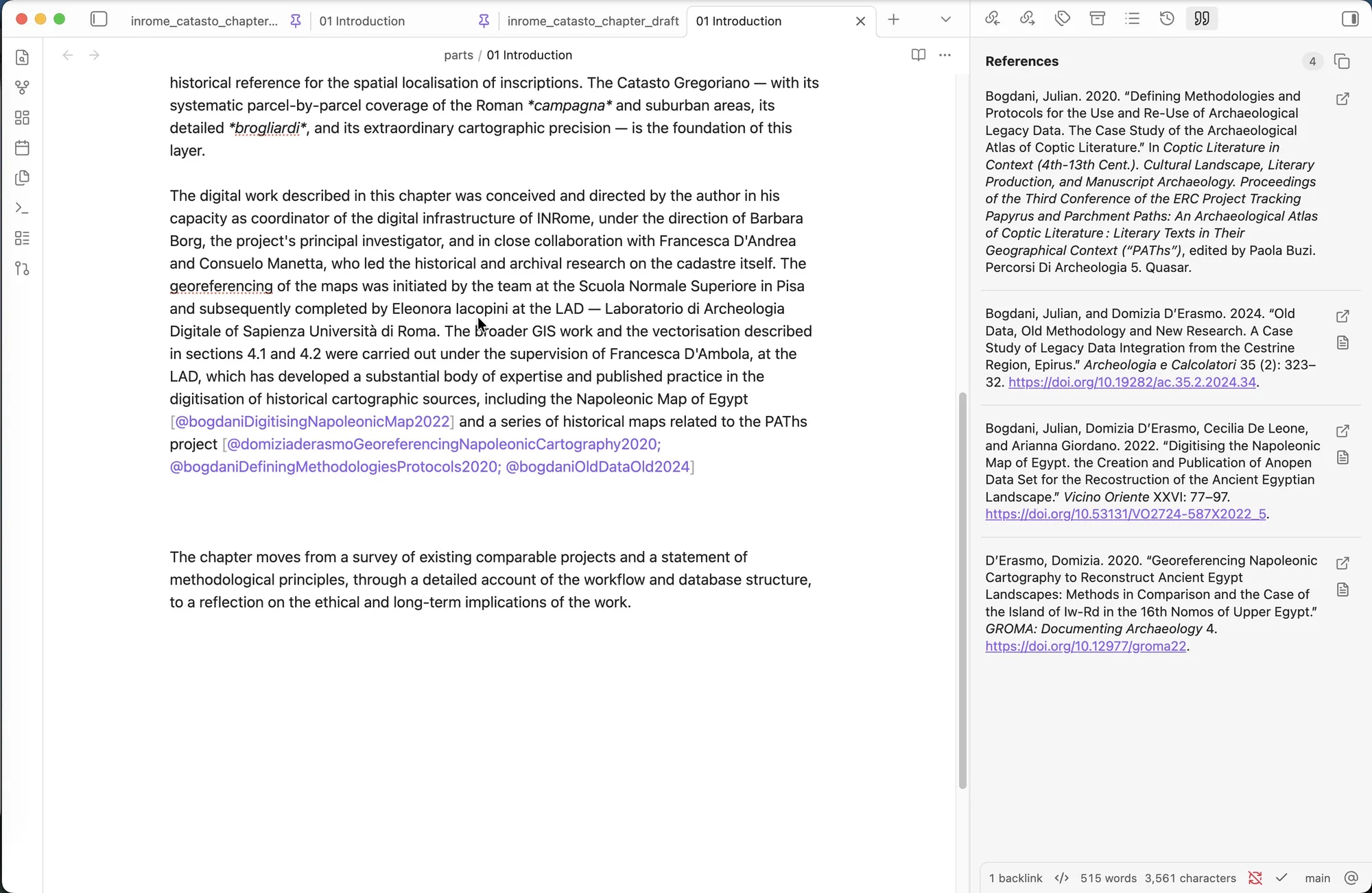 Pandoc Reference List in action: citations displayed inline and the bibliography list in the side panel.