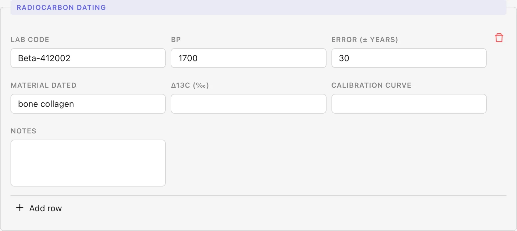 The Radiocarbon dating panel in edit mode: the Lab code, BP, Error, Material dated and Notes fields are editable; the four calibrated fields are absent because they are read-only.