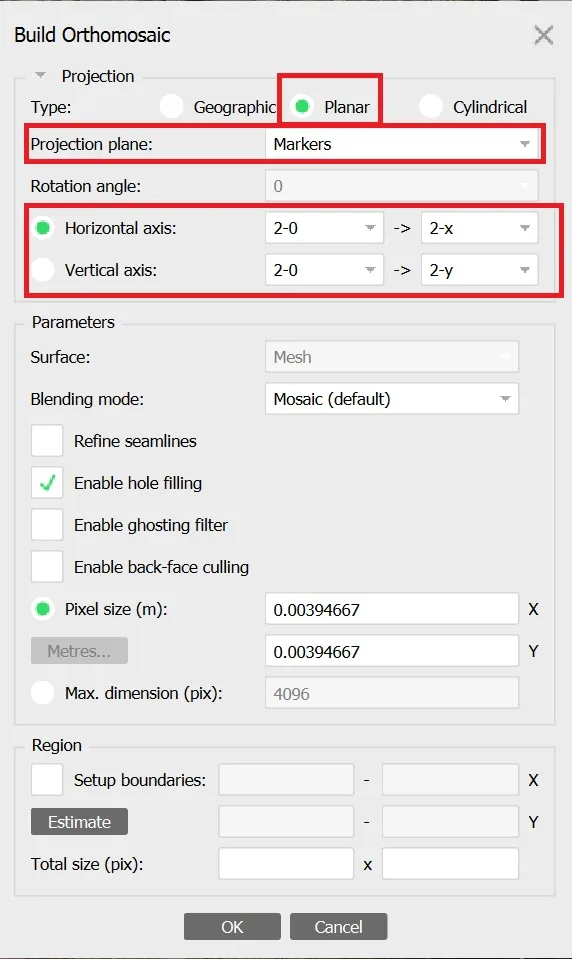 Opzioni della funzione Build orthomosaic