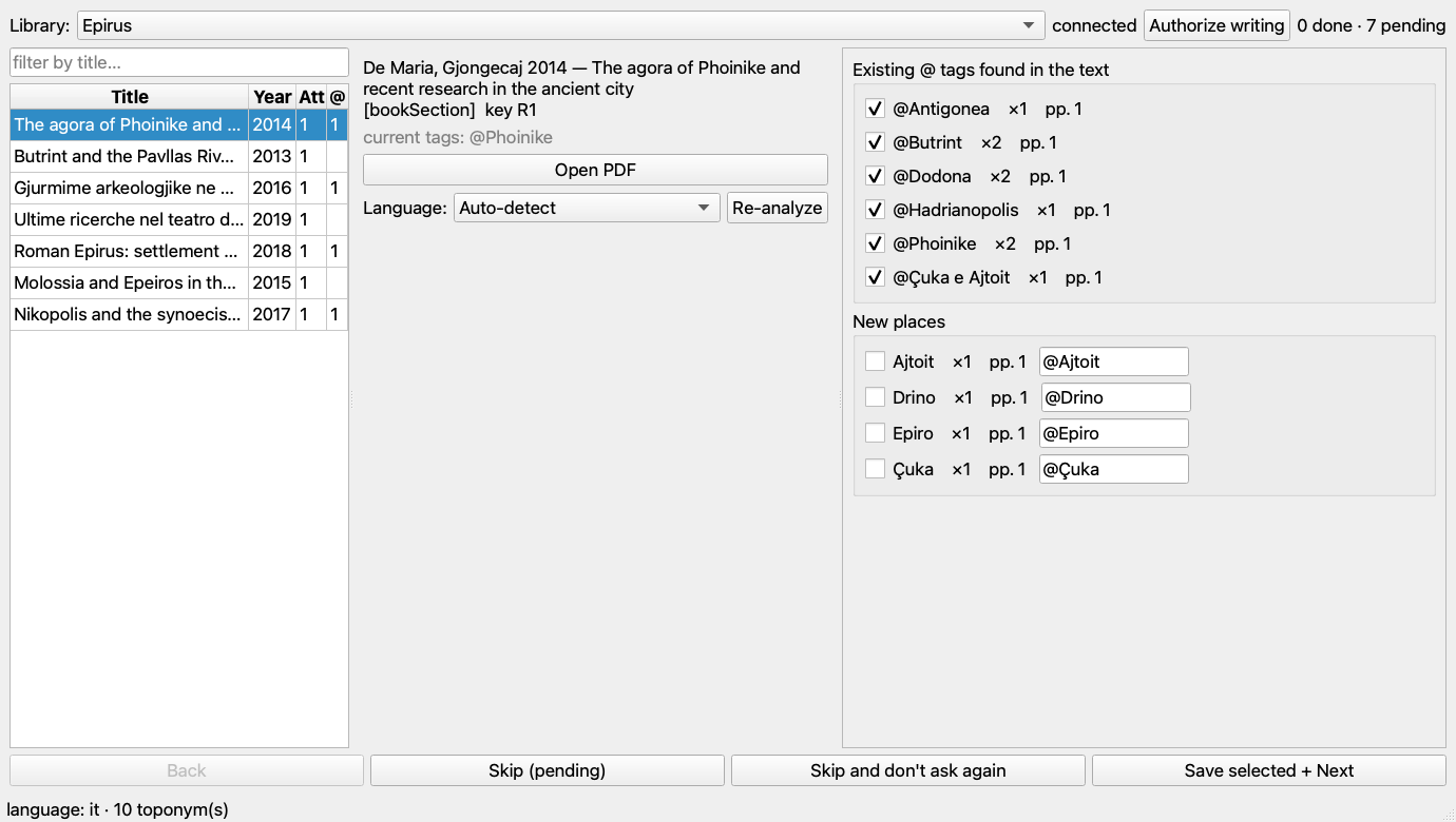 The Zotero assistant: record list, current article and proposed tags