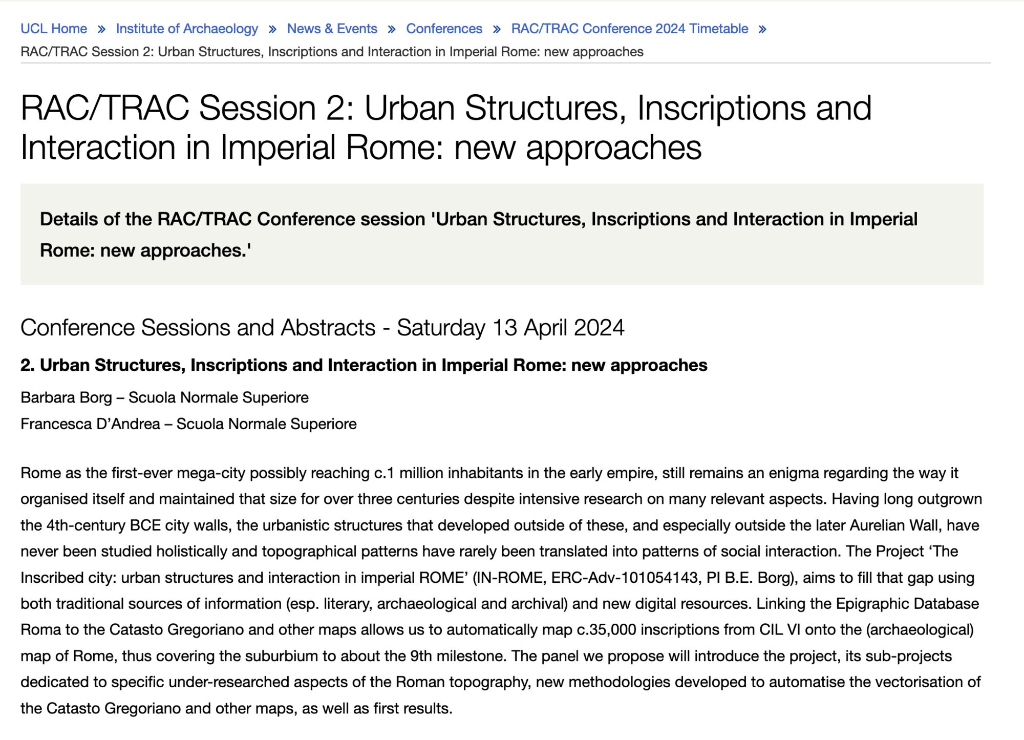 Partecipazione al convegno internazionale “RAC/TRAC Conference 2024. Sessione “Urban Structures, Inscriptions and Interaction in Imperial Rome: new approaches”
