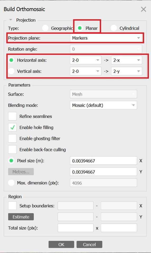 Opzioni della funzione Build orthomosaic