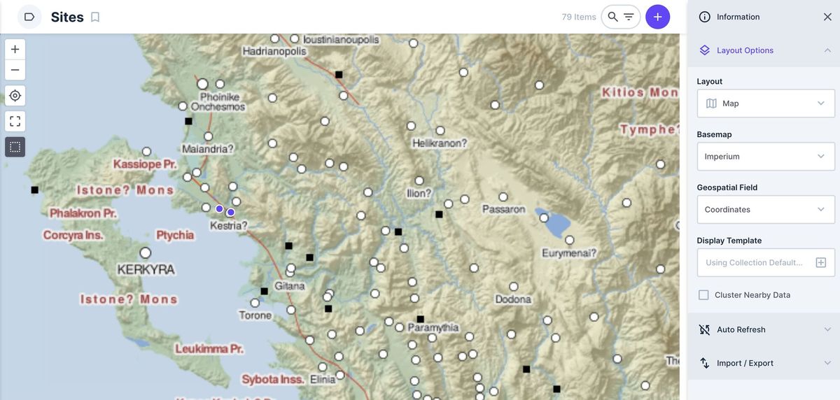 Visualizzazione a mappoa della collection Sites